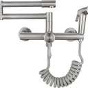 Brushed Nickel Wall Mount Kitchen Sink Faucet - 8" Center, Folding Commercial Faucet with Side Sprayer, Pot Filler,  C Style, Faucet with Handheld Stand