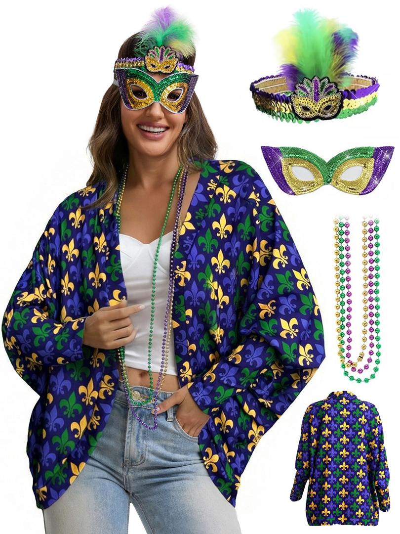 Laqeyko Womens's Outfit for Mardi Gras,6 Pcs Batwing Long Sleeve Open Front Asymmetrical Coat with Mask Headband Necklace,LA261-3-XL