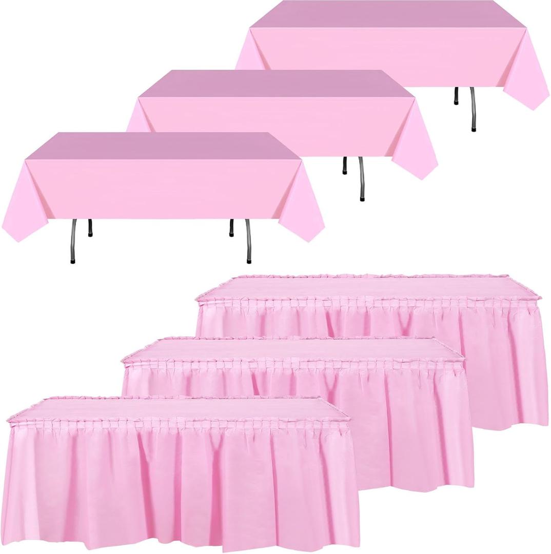 Oudain 6 Pcs Plastic Table Skirts and Stain Proof Table Cloths 54 x 108 in Plastic Tablecloth 168 x 29 in Disposable for Wedding Baby Shower Valentine Easter Party(Pink)