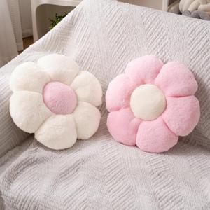 2 Pcs Pink White Throw Pillows Cute Flower Pillow Daisy Flower Shaped Floor Cushions Set, Preppy Decorative Throw Pillows for Girls Bed Bedroom Couch Decor (White & Pink, 15 INCH)