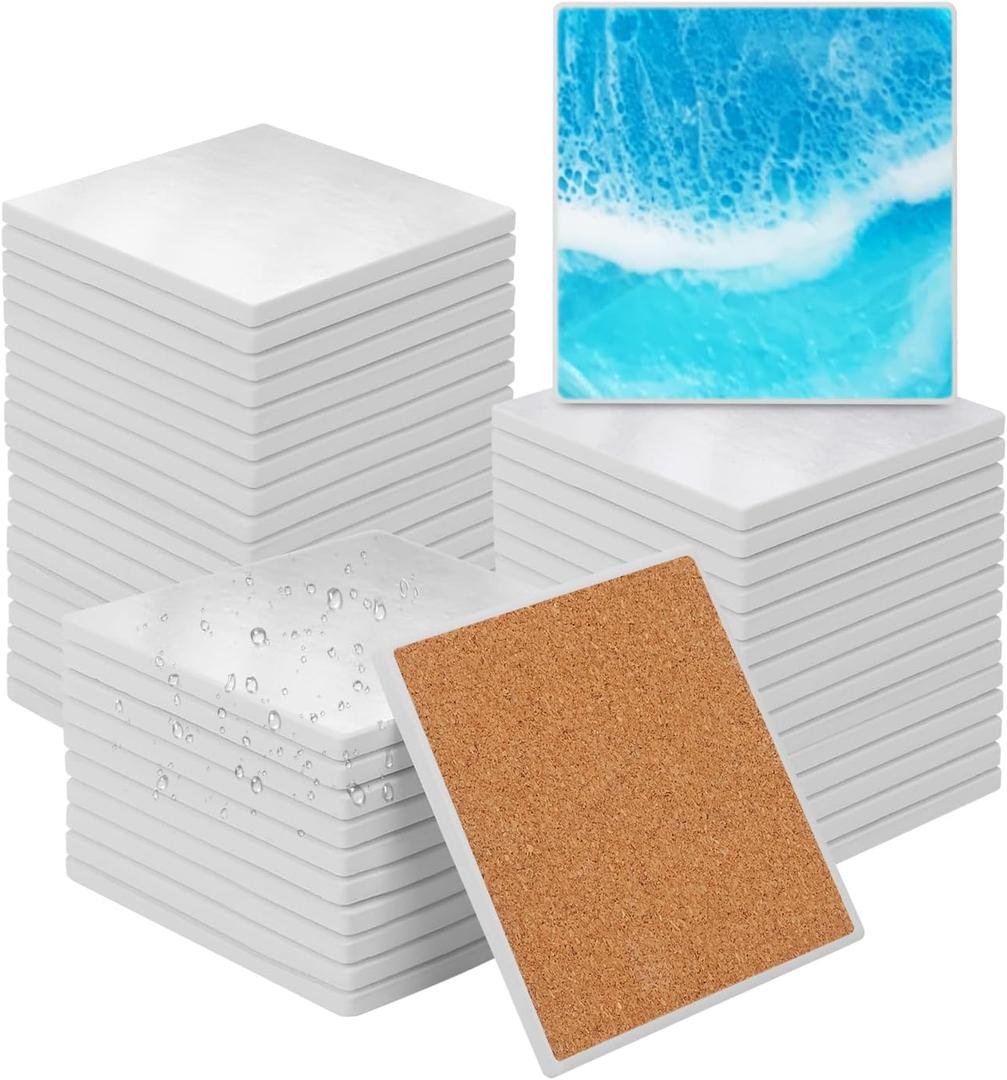 kukmakri 48 PCS Sublimation Blank Ceramic Coasters with Cork Backing Pads, 4x4 Inch Square Versatile & Decorative Glazed Ceramic Coasters for Crafting, Absorbent Ceramic Coaster for Drink