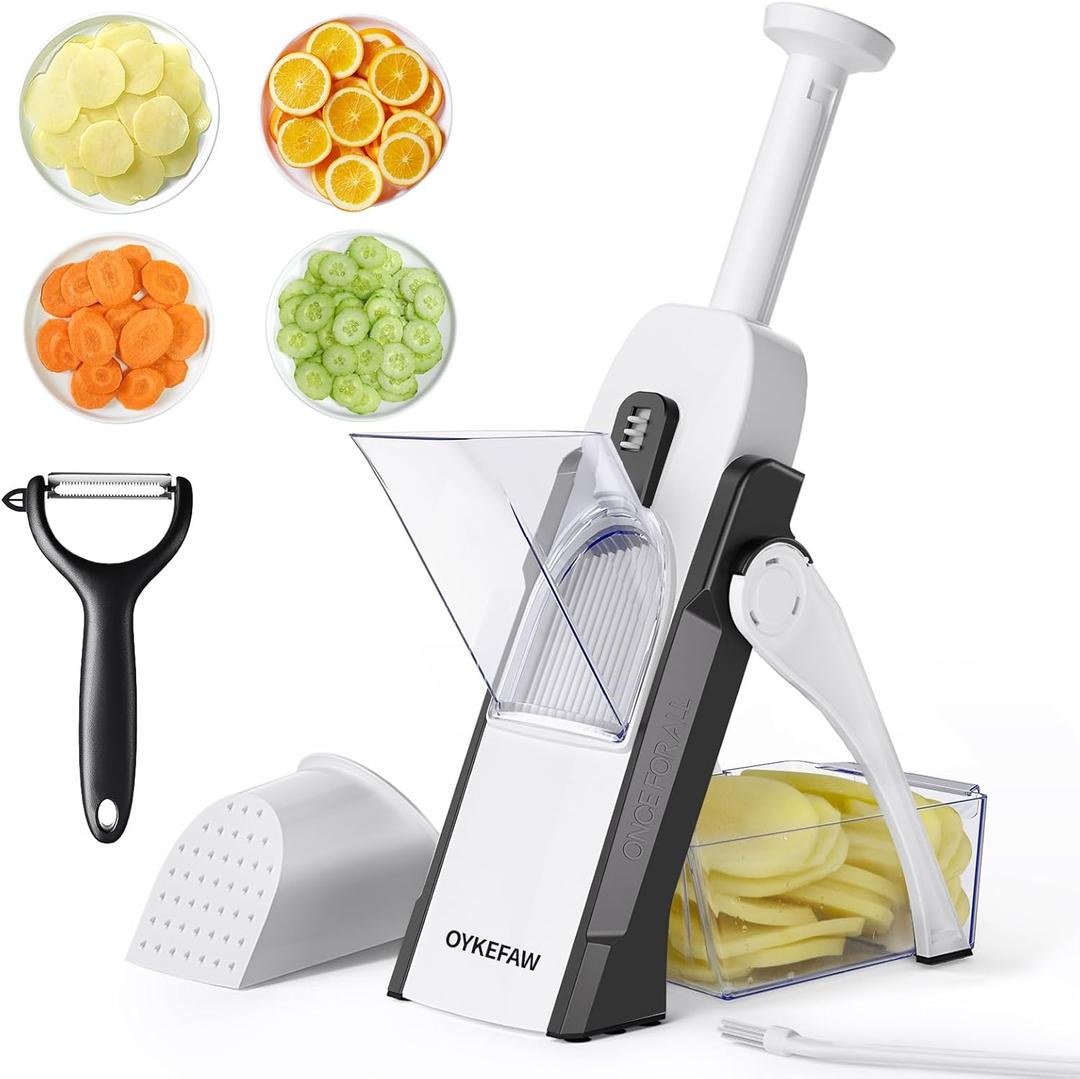 OYKEFAW Mandoline Slicer for Kitchen, 6 in 1 Vegetable slicer, Potato Slicer with Thickness Adjuster,Faster Kitchen Slicer for Meal Prep (just Slice, With Peeler/Cleaning Brush, Mandolin) (Light Gray)