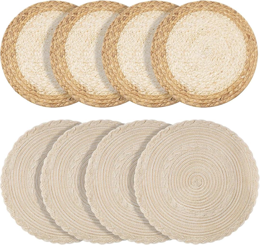 Handmade Round Boho Placemats Set of 4 | Natural Woven & Polyester Braided Combo Table Mats | 8-Piece Versatile Place Mats | Simple Rustic Farmhouse Style Dining Table Decor