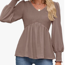 HEYTALALA Womens Long Sleeve Shirts V Neck Peplum Tops Dressy Casual Smocked Babydoll Blouses 2025 Fall Trendy Outfits L
