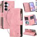 for Samsung Galaxy S26-Wallet Case: with RFID Blocking Card Slots (6 Cards) | Soft PU Leather Magnetic Snap Zipper Pocket | Crossbody Wrist Strap Protective Phone Cover - Pink