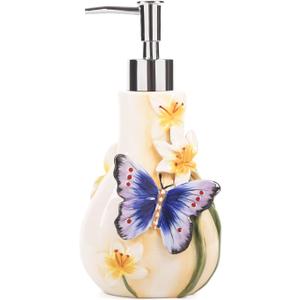 Ceramic Soap Dispenser, 3D Hand-Painted Butterfly and Lilies Flower Lotion Dispenser, Bathroom Accessories