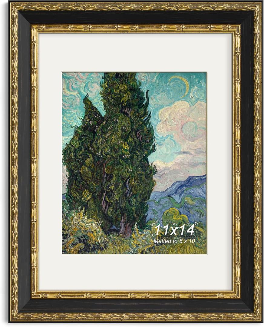 Yaetm 11x14 Vintage Picture Frame, Ornate Antique Gold 11x14 Frame with Real Glass, 1.4-inch Wide Molding, White Mat for 8x10 Photo - Portrait/Landscape, Wall Mount (Black/Gold, Single)
