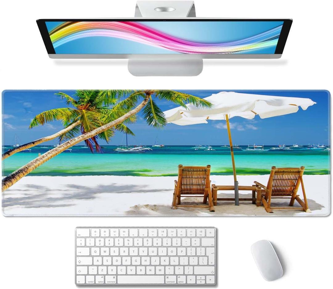 Desk Mat, Tropical Beach Extended Gaming Mouse Pad Large, 31.5"x11.8" Big Mouse Pad with Non-Slip Base and Stitched Edge, Long Computer Keyboard Mouse Mat for Home Office Work