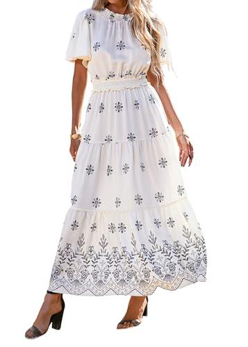 KIRUNDO Floral Maxi Dresses for Women 2026 Spring Summer Wedding Guest Short Sleeve Smocked Waist Flowy Beach Vacation Dress(White, Large)