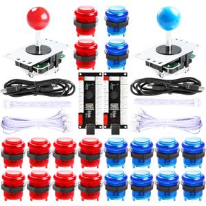 Qenker 2-Player LED Arcade DIY Kit for USB MAME PC Game DIY & Raspberry Pi Retro Controller DIY Including 2X Arcade Joystick, 20x LED Arcade Buttons, 2X Zero Delay USB Encoder (Blue & Red)
