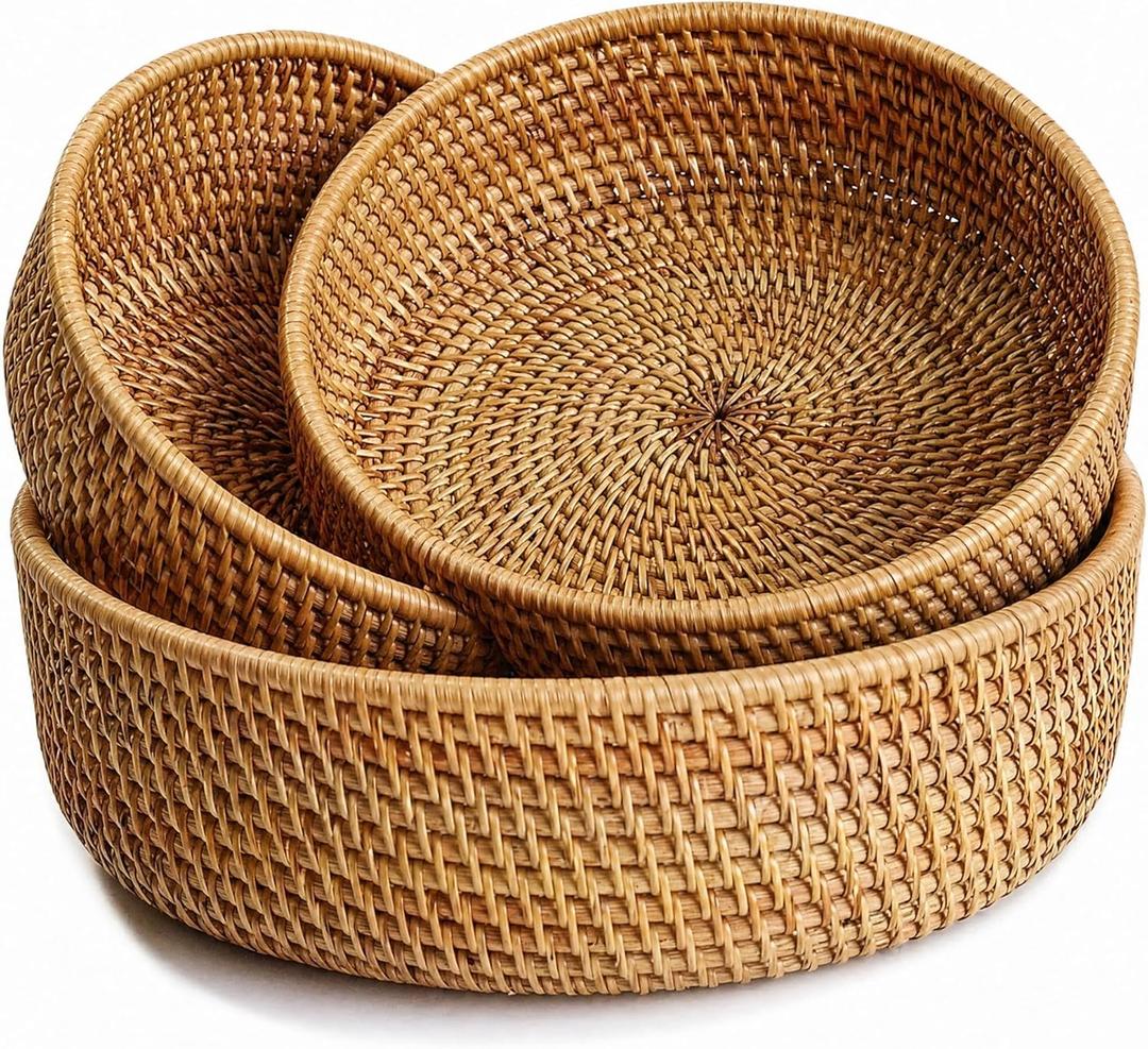 Fruit Basket Set, Wicker Basket Rattan Fruit Bowls, Round Bread Baskets, Handwoven Storage Basket, Natural Serving Bowls Kitchen Counter Dining Room Snack Vegetable 8.7, 10.2, 11.2 (Set of 3)