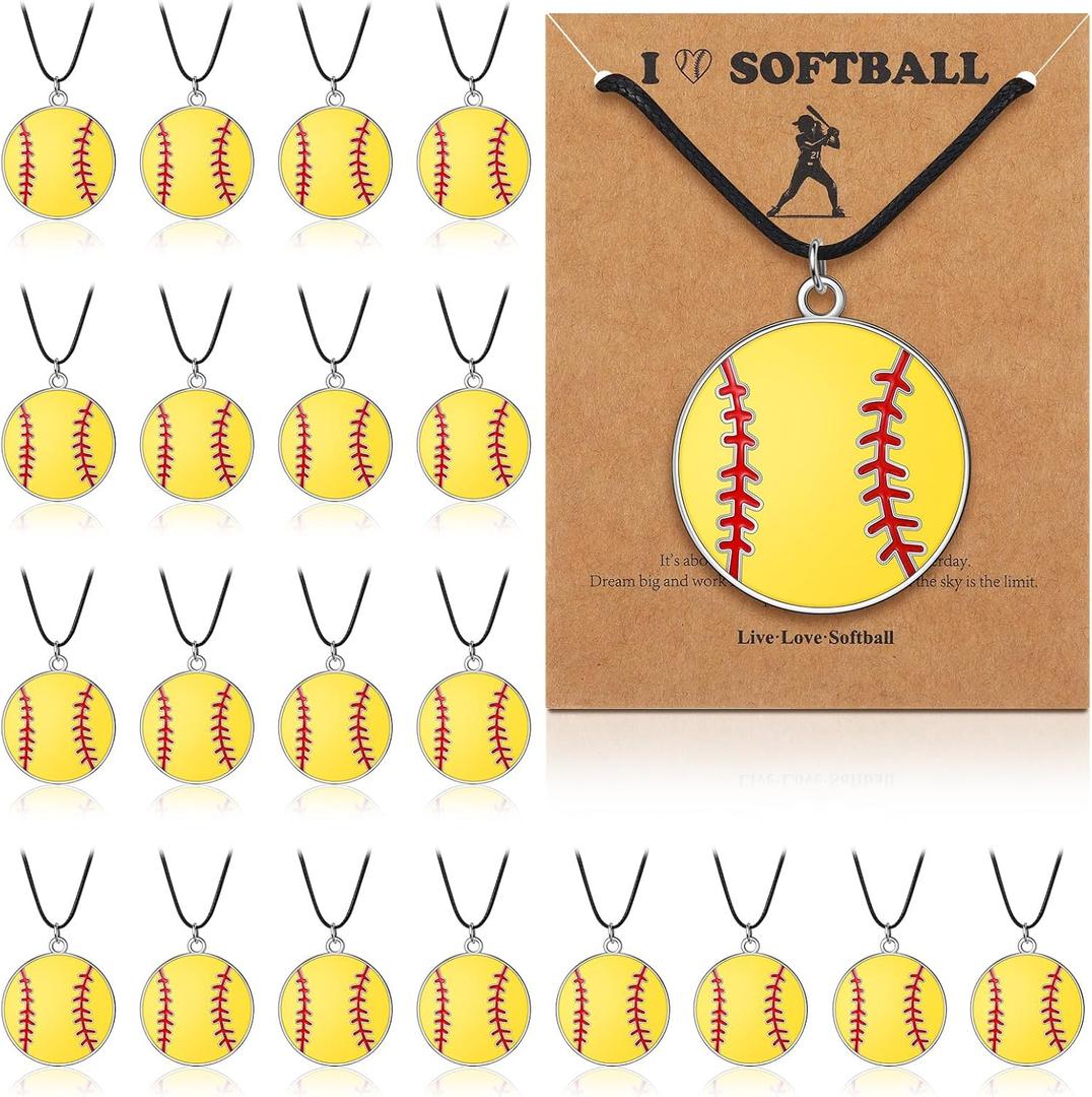 Landical 20 Set Sport Necklace Team Gift Bulk Softball Baseball Pendant Necklace with Card Softball Baseball Jewelry Sport Team Gift for Adult Women Men Player Lovers Party Favors
