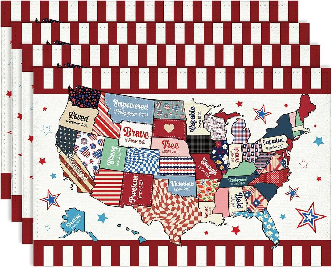4th of July Placemats Set of 4, 12"x18" Patriotic Fourth of July Table Mats, American Flag Stars Memorial Day Place Mat for Independence Day Seasonal Holiday Kitchen Dining Table Decoration