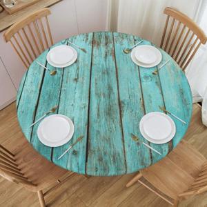 Round Table Cloth Shabby Turquoise Wood Grain Tablecloth Elastic Edge Fitted Table Cover Fits Tables Up to 40"-44" Diameter