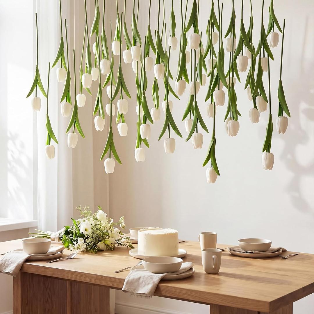 24 Pack White 5 ft Artificial Tulips Hanging Flower Garland Decorations Spring Summer Dangling Faux Tulip Floral Vine Strings with Hooks for Wall Ceiling Wedding Tea Party