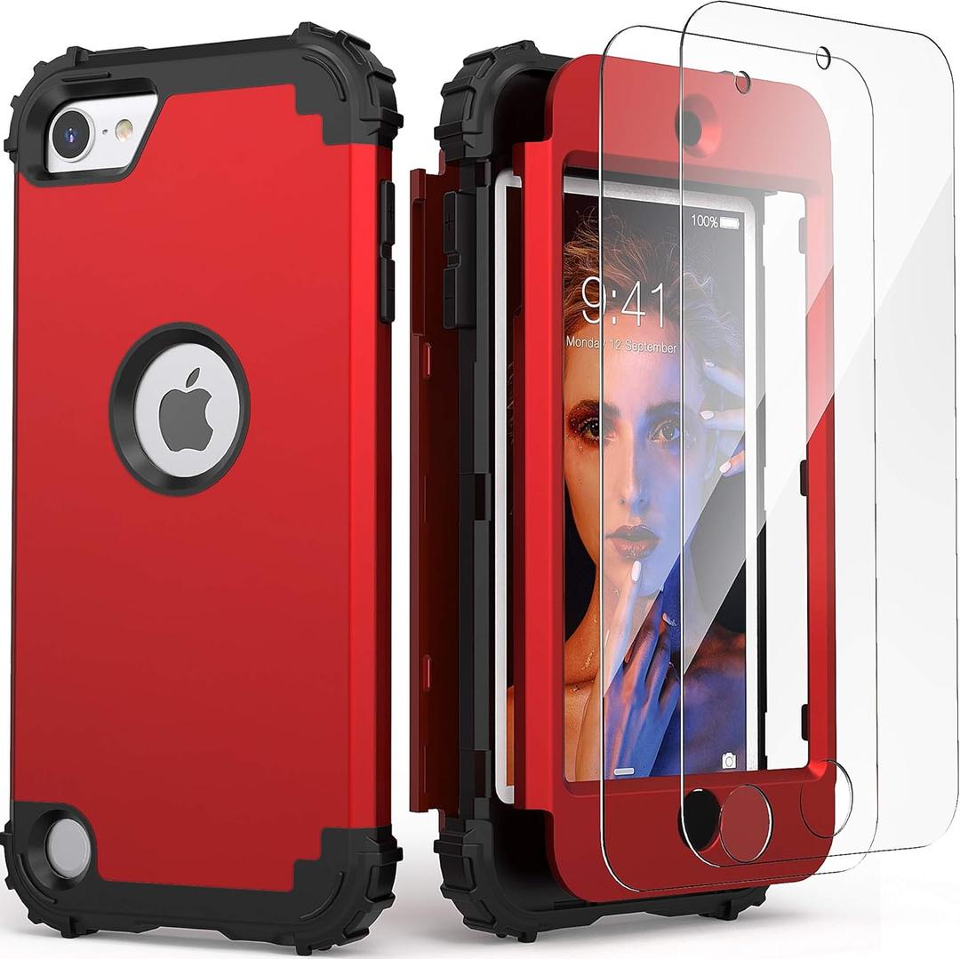 IDweel for iPod Touch 7th Generation Case with 2 Screen Protectors, Hybrid 3 in 1 Shockproof Slim Heavy Duty Hard PC Cover Soft Silicone Bumper Full Body Case for iPod Touch 5/6/7th Gen, Red