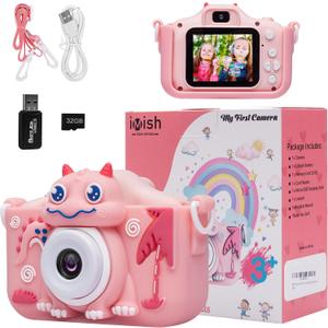 iMisH Upgrade 48M Kids Camera for Girls Boys Age 3-9, 1000mAh Large Battery with 1080p Video Camera for Kids - Shockproof Silicon Case and 32GB TF Card, Toddler Camera for Selfie (Pink)