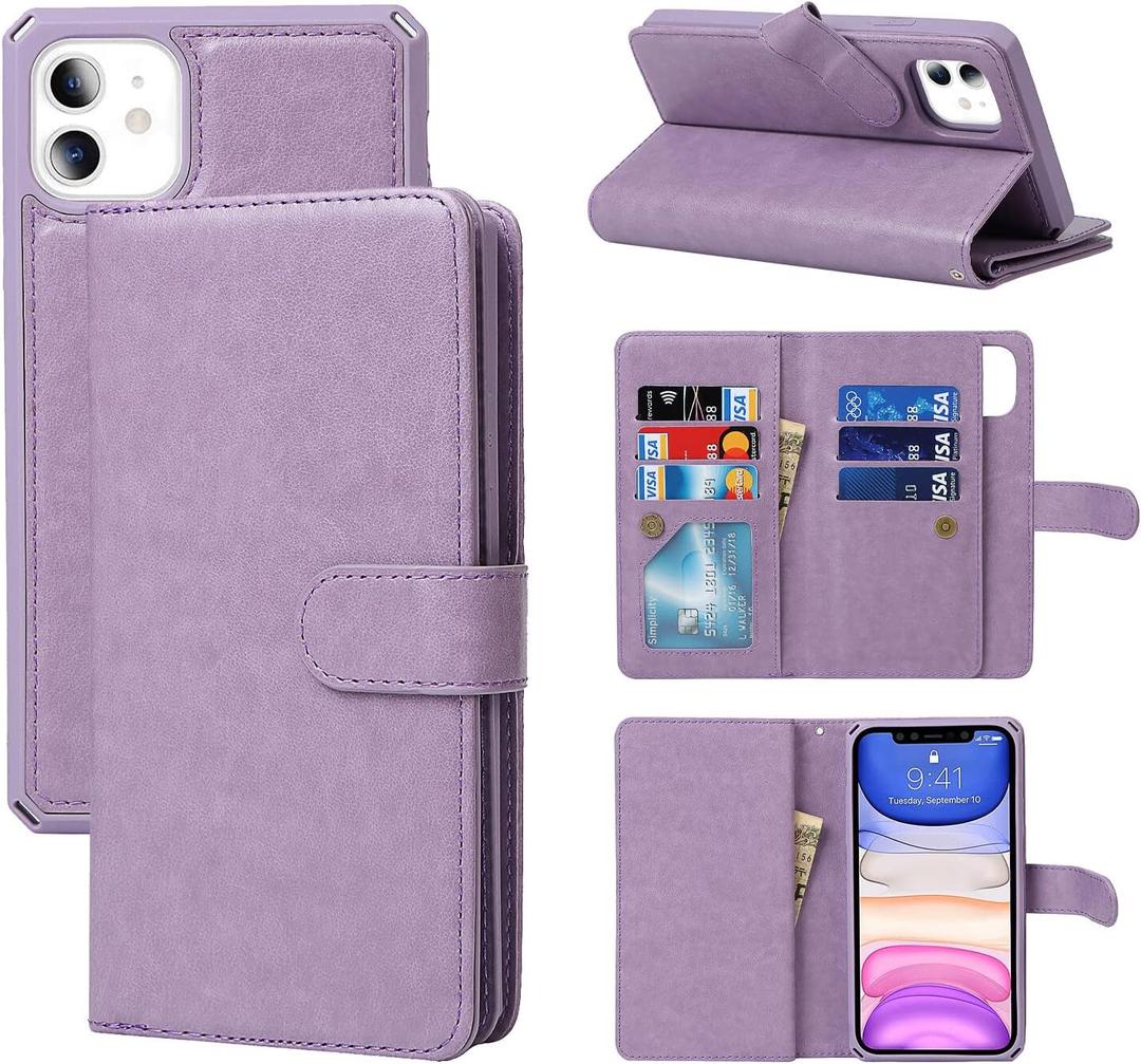 for iPhone 11 Case,for iPhone11 Case, 2 in 1 Detachable Wallet Magnetic Case PU Leather Flip Cover with Strap [Money Pocket][6 Card Slots] -Purple