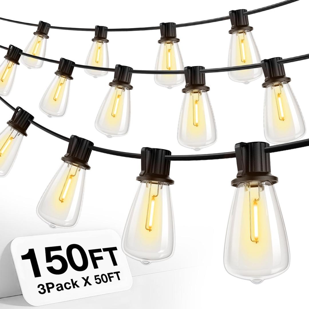 addlon 150 FT (3x50FT) Outdoor String Lights, Waterproof Patio Lights ETL Listed with 45+3 Shatterproof Dimmable ST38 LED Bulbs, 2200K Connectable Outdoor Lighting for Backyard Bistro Garden