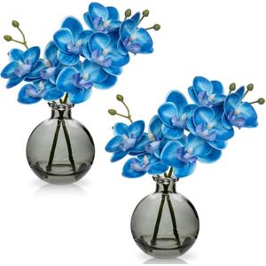 Blue Orchids Artificial Flowers Faux Orchid Arrangement with Black Glass Vase Set of 2 Real Touch Phalaenopsis Orchid Flowers Orchids Centerpiece for Dining Room Table