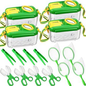 Halloscume 4 Sets Bug Catcher for Kids Students Insect Catching Kit Collector Bug Box with House, Butterfly Net, Tweezer, Cage Habitats Container Collection Explorer Gift (Green)