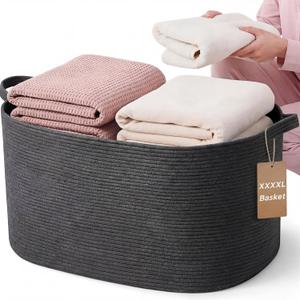XXXXL 125L Extra Large Woven Blanket Basket, 25" x 18" x 17" Jumbo Cotton Rope Storage Basket with Handles Toy Storage Bins for Laundry Hamper Nursery Organizer Living Room Home(Dark Gray)