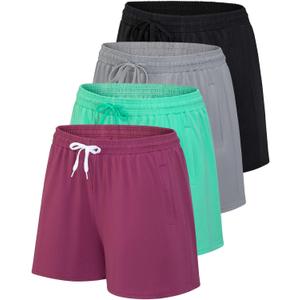 Real Essentials 4 Pack: Womens Athletic Dry-Fit Lounge Shorts with Zipper Pockets (Plus Size) (Large), Set 14