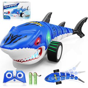 Kikikid Remote Control Shark Toys, RC Shark Cars with Led Light, Rechargeable RC Robot Toy for Kids, 360 Rotating & Swinging Tail, Birthday Gifts for Girls Boys Age 3-5 5-7 8-10