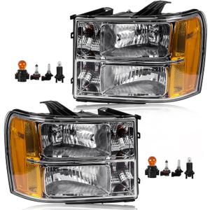 Headlight Assembly Compatible with GMC Sierra 2007-2013 Halogen Head lamp, OE-Style Headlamp Replacement for 22853029 22853030 GM2502283 GM2503283, Bulbs Included, Chrome Housing Amber Reflector