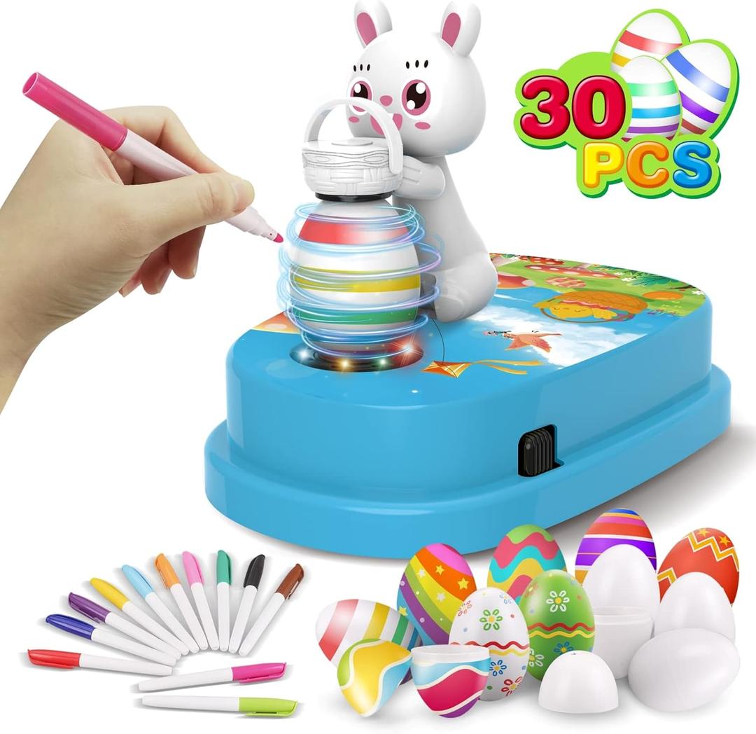 Engfa Easter Egg Decorating Kit with 30 Pcs Eggs and 12 Dying Markers Spinner, Easter Gifts for Kids Bunny Decorating Machine Craft Activities for Boys Girls (Blue)