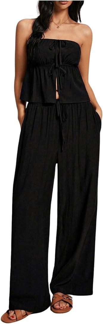 Floerns Women's 2 Piece Outfit Cute Bowknot Strapless Tube Top Wide Leg Pants Set (Large, Black)