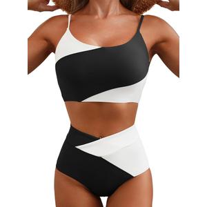 Herseas Women Two Piece Cheeky Scoop Neck Bikini Set Color Block Beach Vacation Popular Swimsuit Sporty High Waisted Bathing Suit Bottoms Casual Outfits White Large