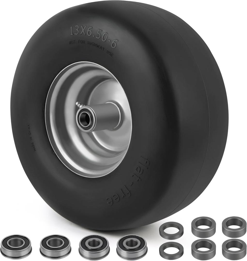 LotFancy 13x6.50-6 Flat Free Lawn Mower Tire and Wheel, 3/4" or 5/8" Bearings, 5.5" Centered Hub, Smooth Tread Tire for Zero Turn Mowers