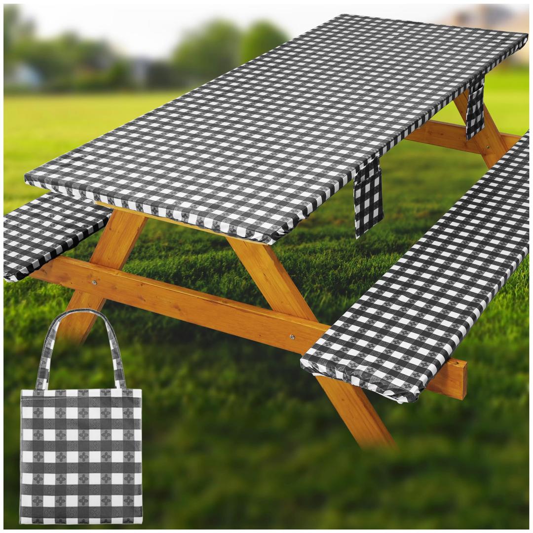 Fitted Picnic Table Cover with Bench Covers Waterproof Elastic Edges Rectangle Patio Tablecloth Outdoor Camping Essentials Stuff Rv Accessories Summer Trip Travel Supplies Party Camper Gifts, 6 ft