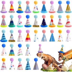 Soulchen 36 Pcs Mini Birthday Hats for Stuffed Animals Hat for Cupcake Toppers Toys Paper Cone with Pom Poms for Party Stuffed Animals Pets Cat Dog Birthday Baby Shower Party Cake Decoration
