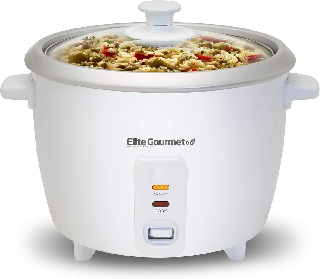 Elite Gourmet ERC-003 Electric Rice Cooker with Automatic Keep Warm Makes Soups, Stews, Grains, Hot Cereals, White, 6 Cups Cooked (3 Cups Uncooked)