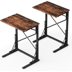 21''Wx28''H TV Tray Set of 2, Small Foldable C-Shaped End Table for Eating with Tablet and Phone Slots, Slide Under Couch Side Table for Recliner, Living Room, Bedroom, Rustic Brown