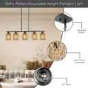 Boho Rattan Chandelier Farmhouse Dining Room Light Fixture 5 Light Woven Pendant Lighting for Kitchen Island Handwoven Wicker Ceiling Hanging Lamp for Living Room Bedroom Entryway Adjustable Height