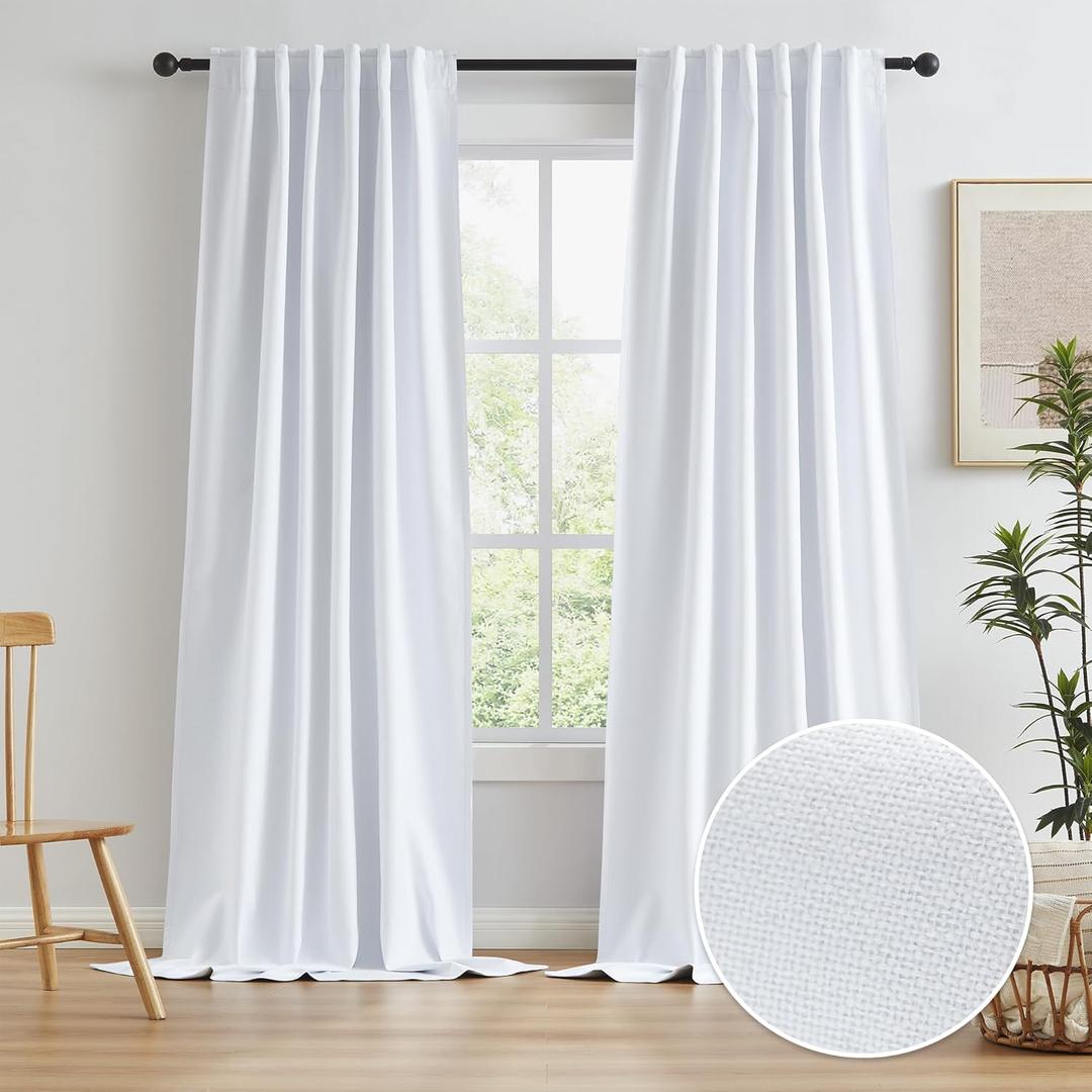 KEQIAOSUOCAI Blackout Extra Long Linen Look Curtain Draperies 126 Inches Long, White Custom Made Thick Drapes Full Shade Linen Curtain Panels for Light Sleepers 10.5 feet Length 50x126 Inch