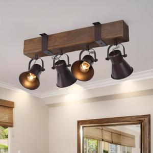 4 Light Semi Flush Mount Ceiling Light, Farmhouse Wooden Track Lighting Fixtures Ceiling, Rustic Kitchen Lights Ceiling for Island Dining Room Living Room.