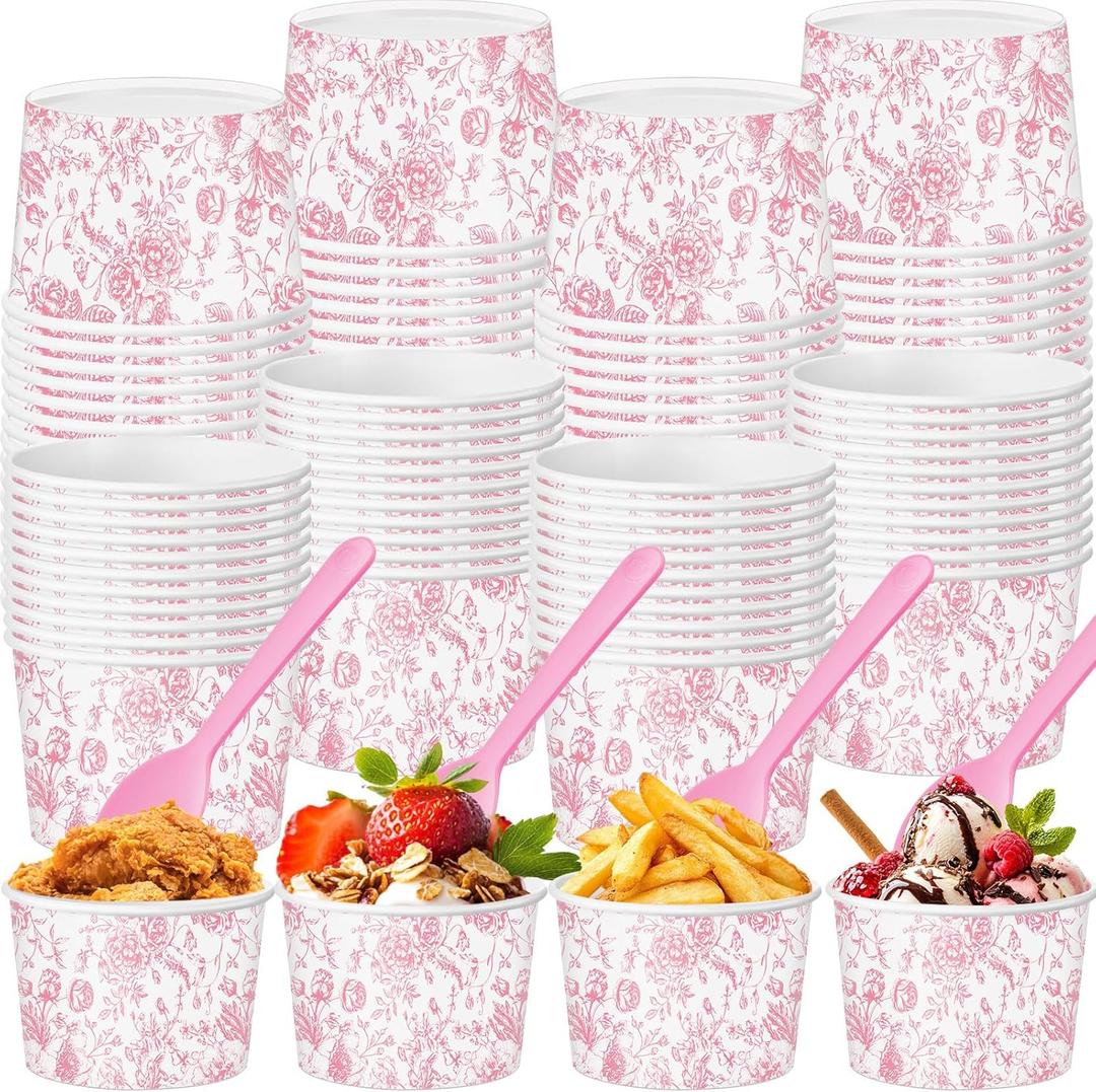 Honeydak 48 Set Floral Paper Ice Cream Cups 9 oz Disposable Treat Snack Cups with Spoons Dessert Bowls for Sundae Frozen Yogurt Soup Birthday Bridal Shower Wedding Party(Pink)