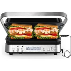 Panini Press Grill Sandwich Maker with Removable Plates, 5 in 1 Smokeless Indoor Grill & Griddle with Meat Thermometer, CATTLEMAN CUISINE Electric Contact Grills for Kitchen, Stainless Steel, 1600W