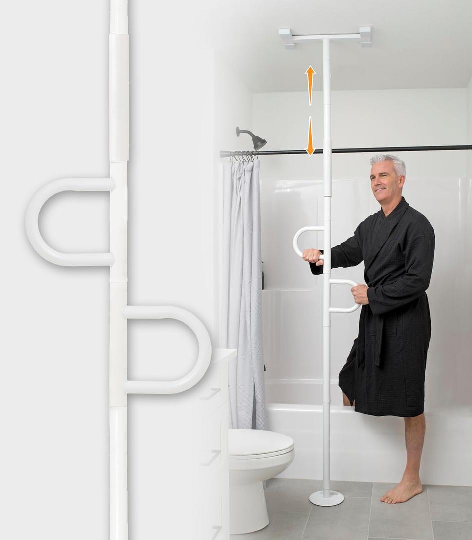 Stander Double Handle Non-Rotating Floor to Ceiling Grab Bar, No-Drill Tension Mounted Transfer Pole for Seniors, Bath Safety & Bedside Assist Rail for Home Standing Support & Fall Prevention, White