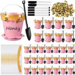 Jingmore 30 Sets Bee Honey Jars Party Favors Bulk, Mini Plastic Bee Theme Honey Jar Pots Decoration with Lids, Dippers and Saucers for DIY Cupcake Dessert Shower Wedding Party Gift Set (Pink)