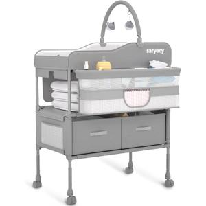 Baby Changing Table, Versatile Folding Changing Table, Waterproof Diaper Changing Station, Adjustable Height with 2 Drawers,Baby Changing Station, Mobile Nursery for Infant and Newborn (Light Grey)