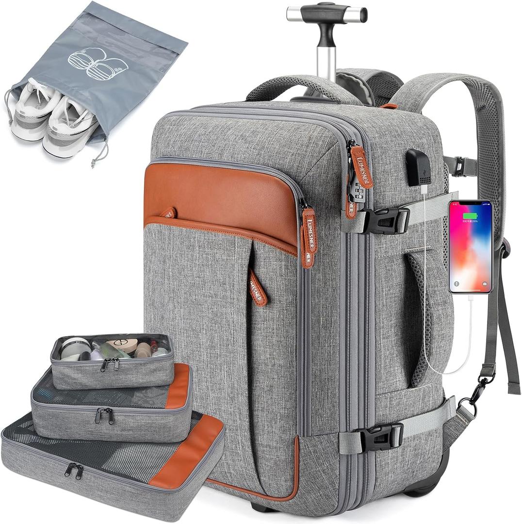 Carry on Travel Backpacks, Extra Large 40L Flight Approved Rolling Backpack for Men & Women,Expandable Suitcase With 4 Packing Cubes,Water Resistant Luggage Daypack Business Weekender Bag