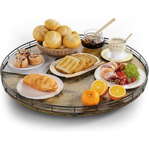 Lazy Susan Turntable Organizer for Table Top, 21 Round Wooden Lazy Susan for Cabinet Kitchen Countertop Pantry Dining Coffee Table for Condiments Spices, Rustic Bathroom Vanity Tray for Soap Candle