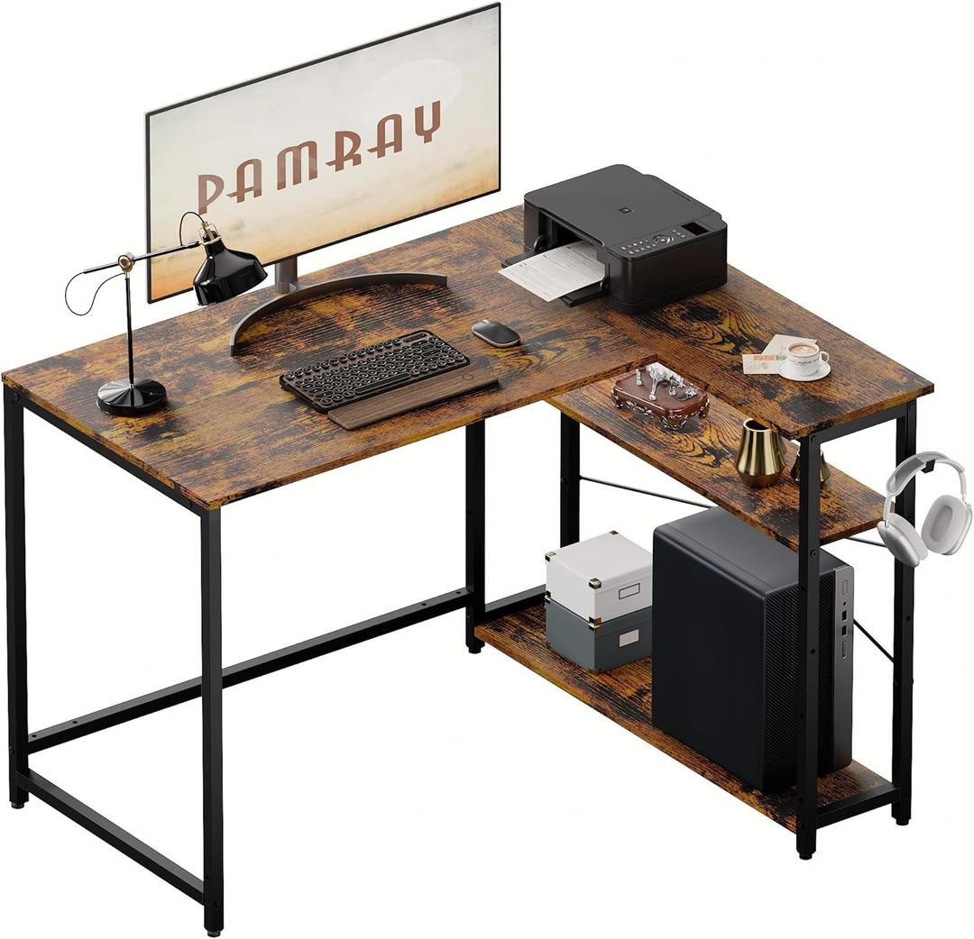 Pamray 43 Inch L Shaped Computer Desk with Reversible Side Storage Shelves, Small Corner Desk for Small Space Home Office,Writing Study Table PC Desk for Bedroom, Vintage
