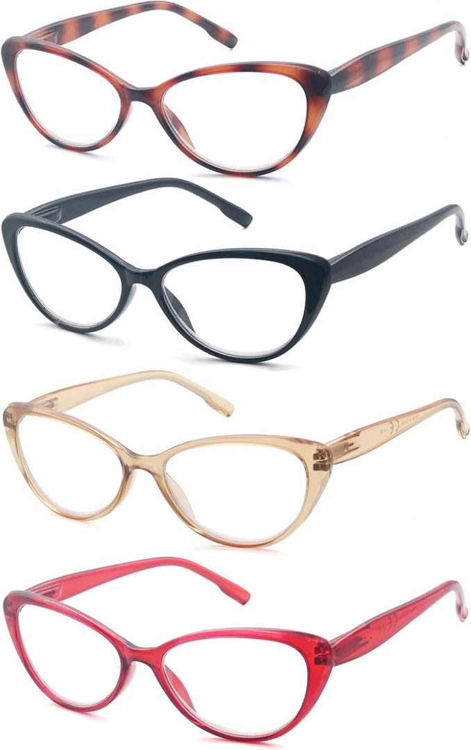 MODFANS 4 Pack Fashion Designer Cat Eye Reading Glasses for Womens with Spring Hinge Stylish Comfortable Readers, +3.5