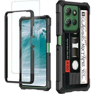 for Motorola Moto G Stylus 5G 2025 Phone Case with Tempered Glass Screen Protector Dual Layer Heavy Duty Shockproof Soft TPU Hard PC Protective Cover Case for Woemn Men, Retro Audio Cassette